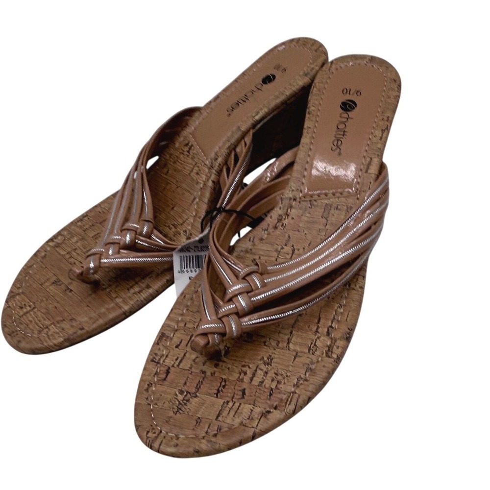 Chatties Womens Wedge Thong Sandals Tan Cork Print Silver Strappy Size 9/10 NEW